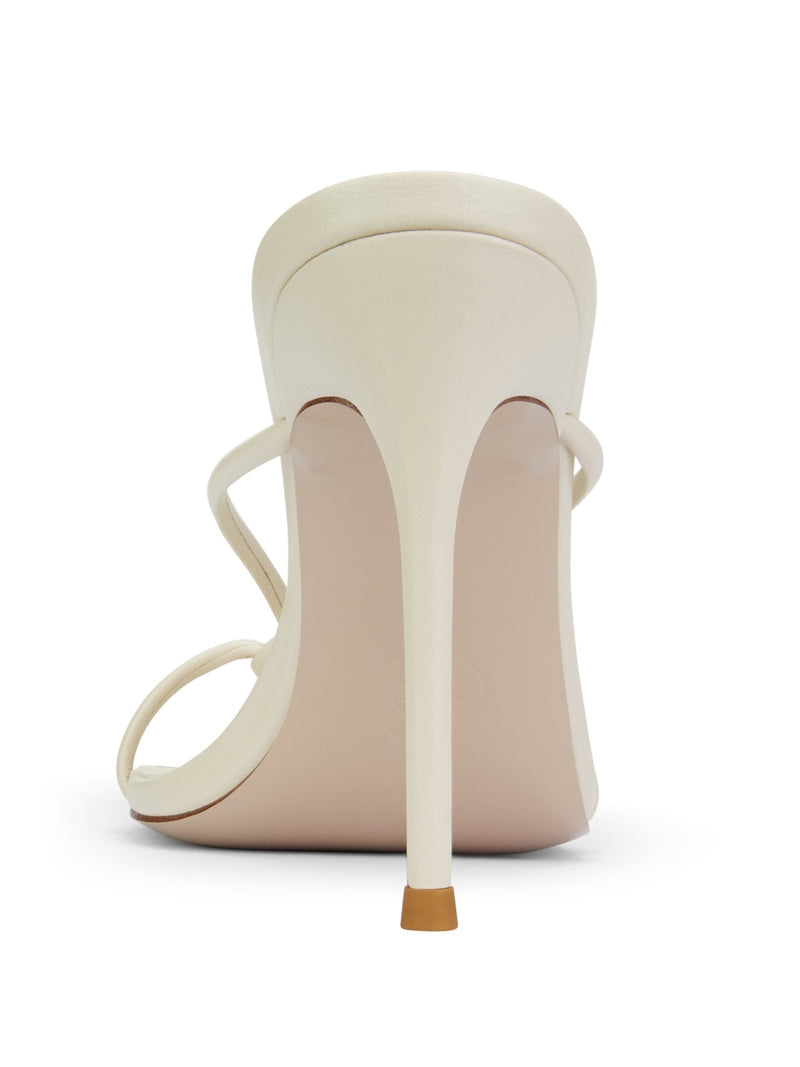 Akira Slipper in Cream – rear view showing slim stiletto heel and cream satin back vamp with toe loop detail