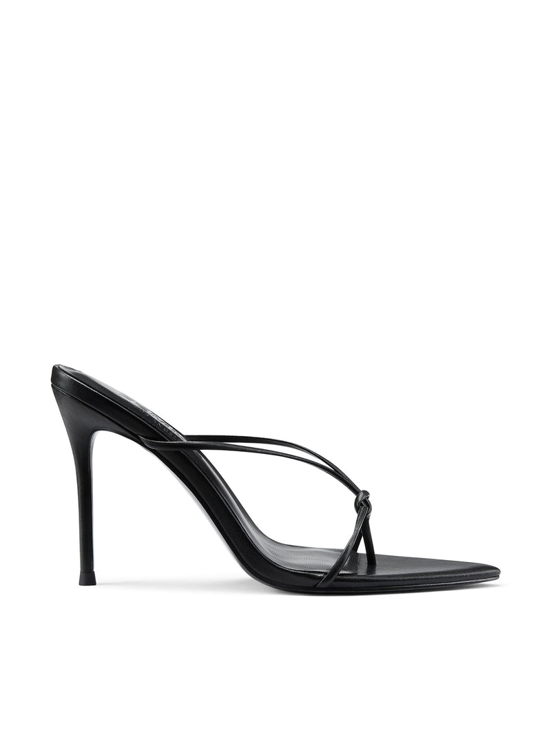 Black Akira Slipper mule by FEMME LA, side view showing three thin straps with knotted toe detail and high slim stiletto heel