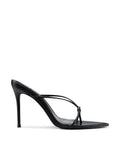 Black Akira Slipper mule by FEMME LA, side view showing three thin straps with knotted toe detail and high slim stiletto heel