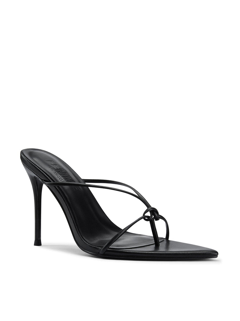 FEMME LA Akira Slipper in black, 3/4 front angle showing knotted toe strap detail and FEMME LOS ANGELES embossed insole