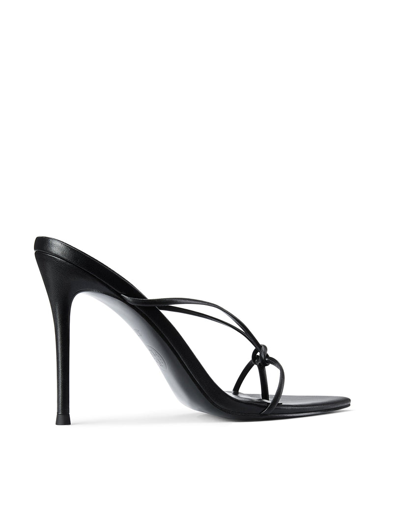 FEMME LA Akira Slipper in black, right side profile showing thin knotted straps and high slim stiletto heel