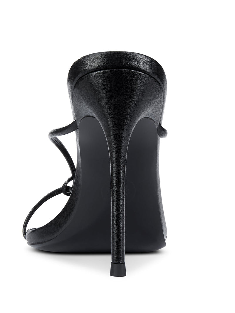 FEMME LA Akira Slipper in black, back view showing all-black slim stiletto heel, counter, and knotted toe straps