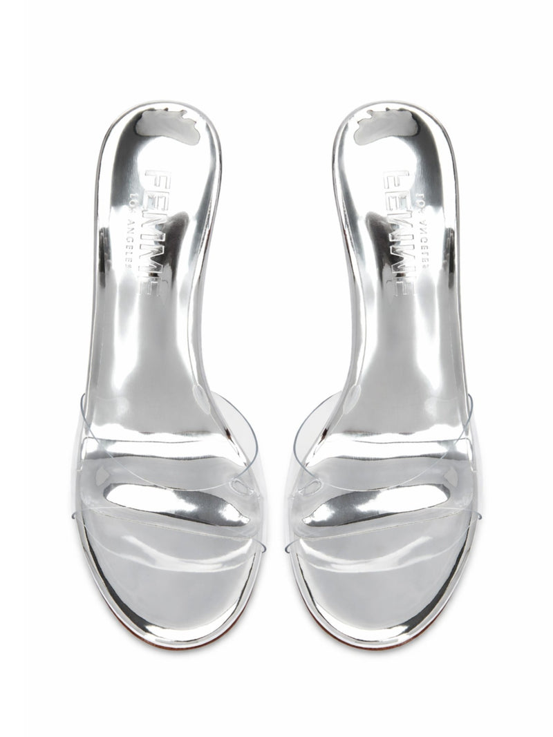 FEMME LA Azucar Wedge liquid metal pair, overhead flat lay showing FEMME LOS ANGELES embossed silver insoles and clear PVC