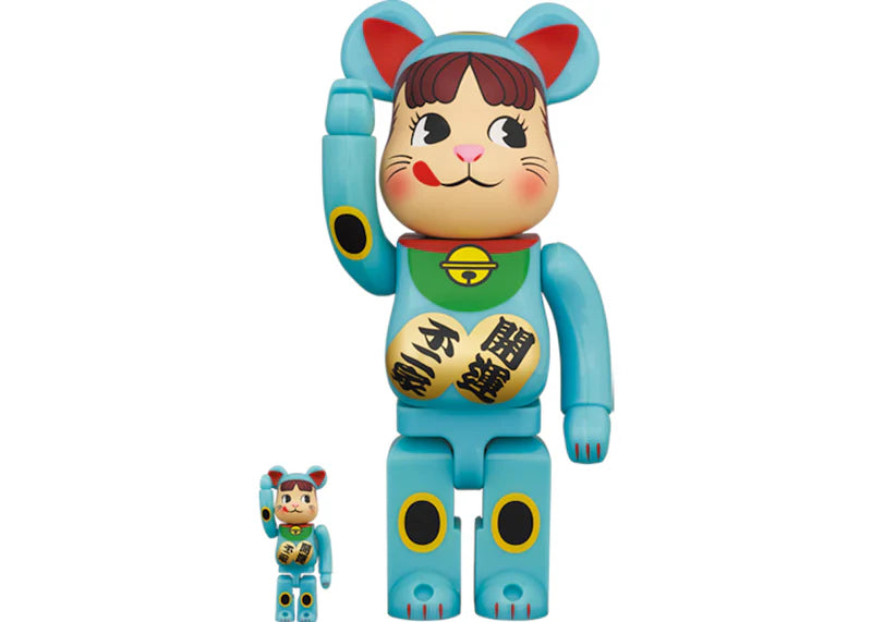 Bearbrick Maneki Neko Peko-chan Blue Liminous 100% & 400% Set