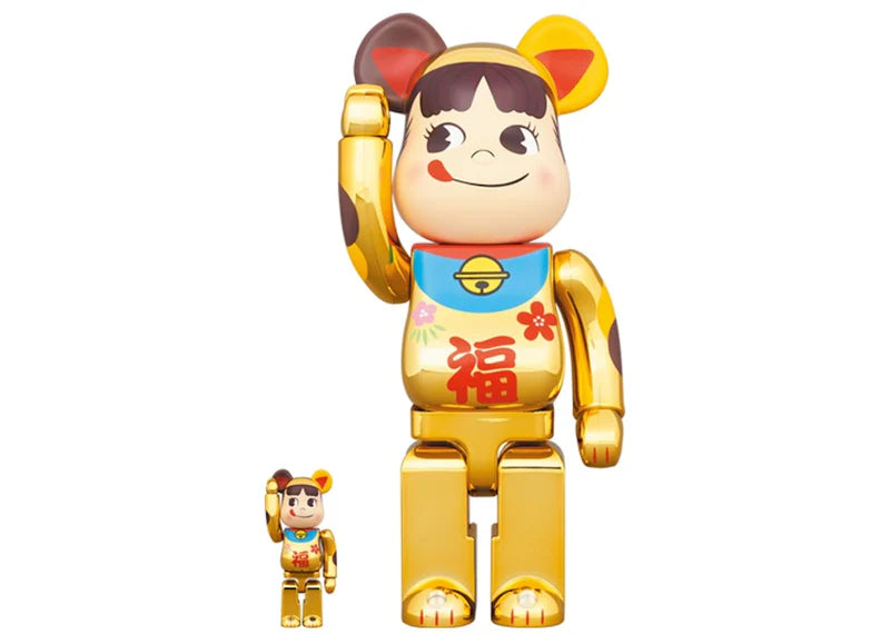 Bearbrick Maneki Neko Peko-chan Fuku 100% & 400% Set Gold Plated