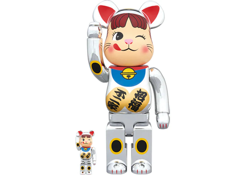 Bearbrick Maneki Neko Peko-chan Silver Plating 100% & 400% Set