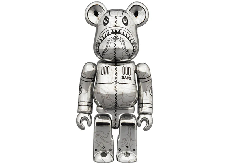 Bearbrick x BAPE x Hajime Sorayama Camo Shark 100% & 400% Set Silver