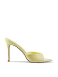 Bella Slipper in Baby Yellow – side profile of pale yellow satin padded vamp mule with open pointed toe and slim stiletto heel