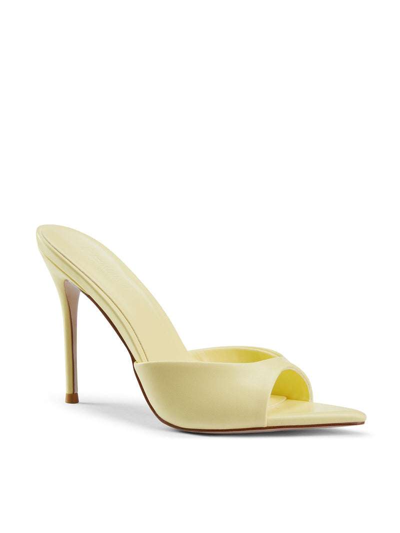 Bella Slipper in Baby Yellow – front three-quarter view of pale yellow satin padded vamp and open pointed toe