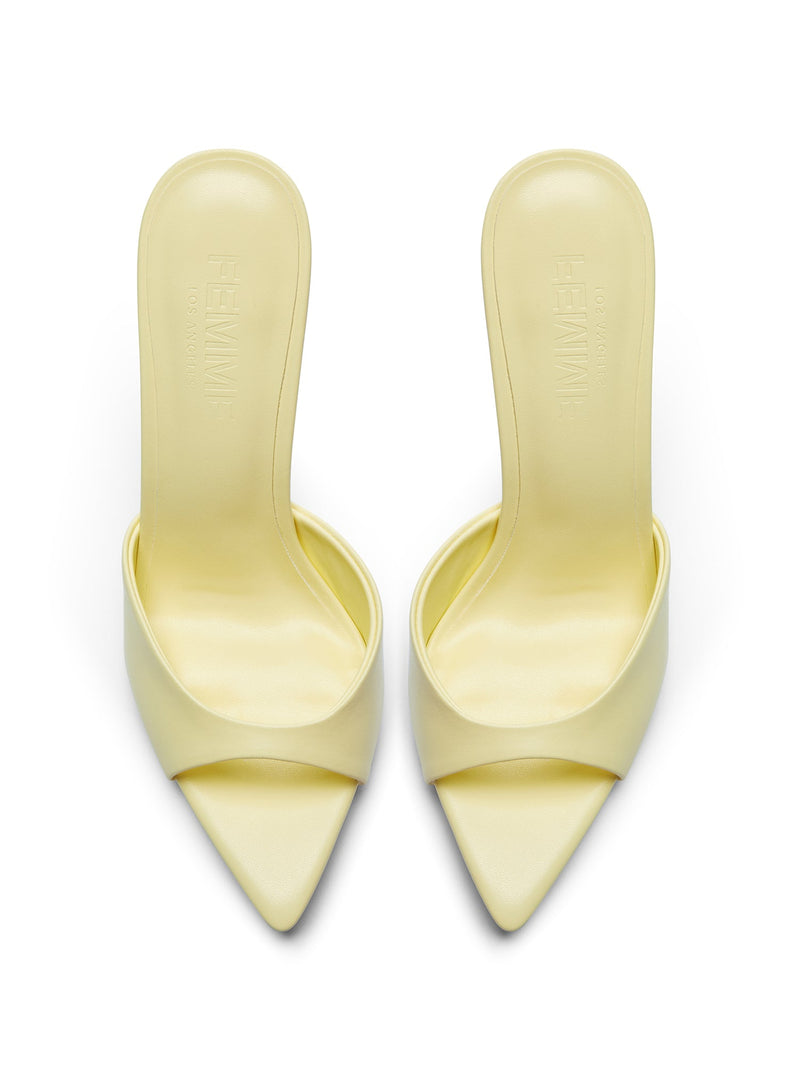 Bella Slipper in Baby Yellow – overhead pair view showing FEMME LOS ANGELES embossed insoles and pointed toe silhouette