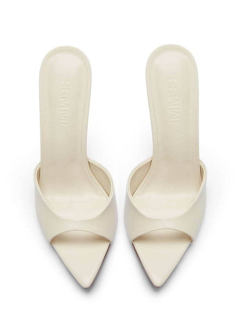 Bella Slipper in Nudist – overhead view showing FEMME LOS ANGELES embossed ivory insoles and pointed toe silhouette