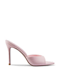 Blush pink satin Bella Slipper by FEMME LA, side view showing structured padded vamp, open pointed toe, and high slim stiletto