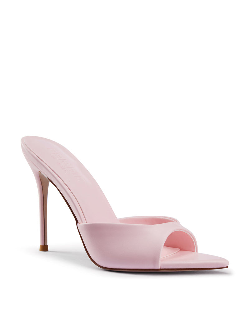 FEMME LA Bella Slipper in blush pink, 3/4 angle showing pillow-style padded vamp detail and slim stiletto