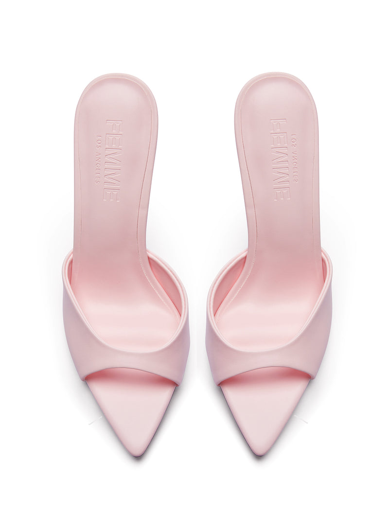 FEMME LA blush pink Bella Slipper mules, overhead flat lay showing FEMME LOS ANGELES embossed insoles and pointed toes