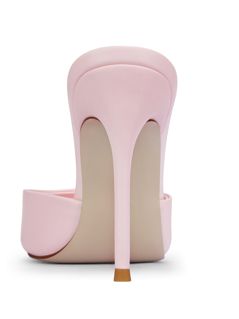 FEMME LA Bella Slipper in blush pink satin, back view showing padded rounded counter, slim stiletto heel, and nude outsole