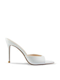 Bella Slipper in White – side profile of white satin padded vamp mule with open pointed toe and slim stiletto heel