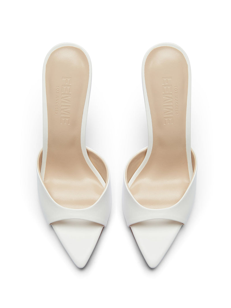 Bella Slipper in White – overhead pair view showing FEMME LOS ANGELES embossed cream insoles and pointed toe silhouette