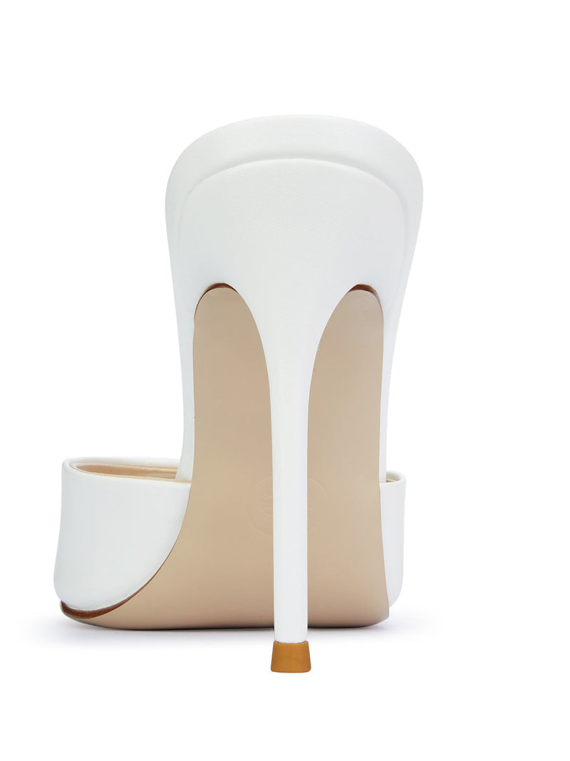 Bella Slipper in White – rear view showing slim stiletto heel and sculpted white satin back vamp detail