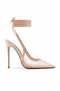 Cobra Lace Up in Nude – side profile of nude mesh pointed-toe pump with multi-wrap satin ankle ties and slim stiletto heel