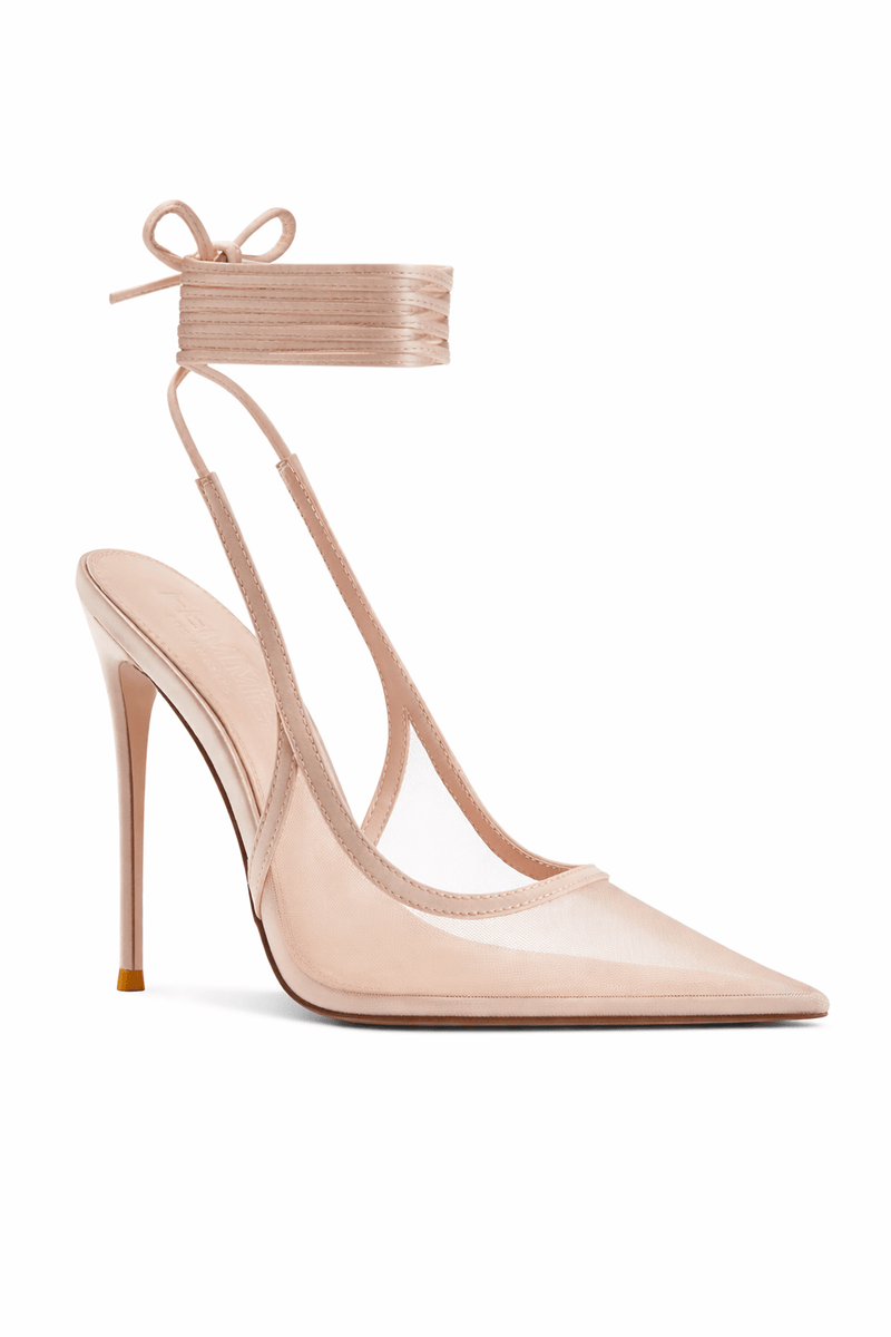 Cobra Lace Up in Nude – front three-quarter view showing sheer mesh vamp, satin ankle wrap with bow and pointed toe