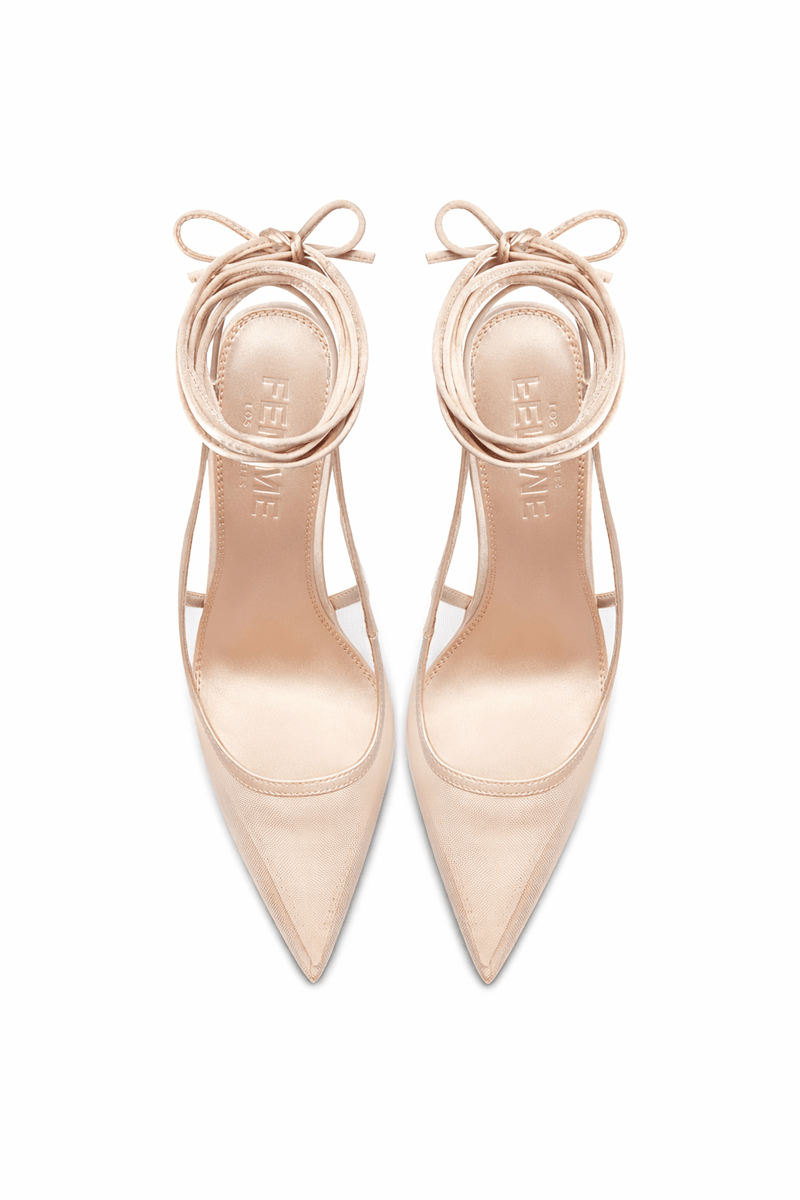 Cobra Lace Up in Nude – overhead pair view showing FEMME embossed insoles and satin ankle wrap ties with bow detail