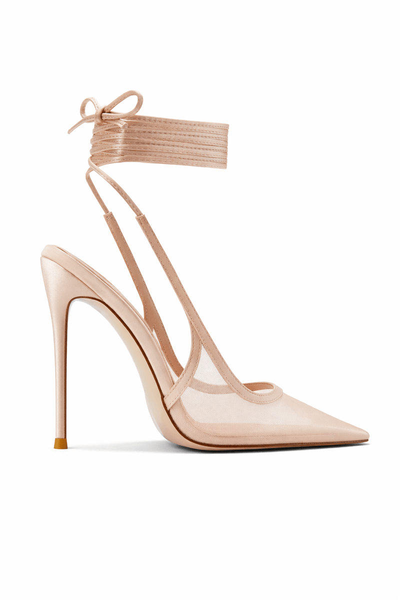 Cobra Lace Up in Nude – side profile close-up of sheer mesh vamp, satin ankle lace-up wrap and slim stiletto heel