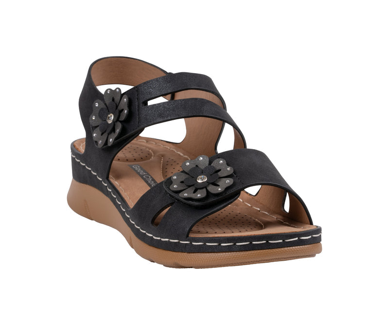 GC Shoes Cadance Black Floral Comfort Wedge Sandal