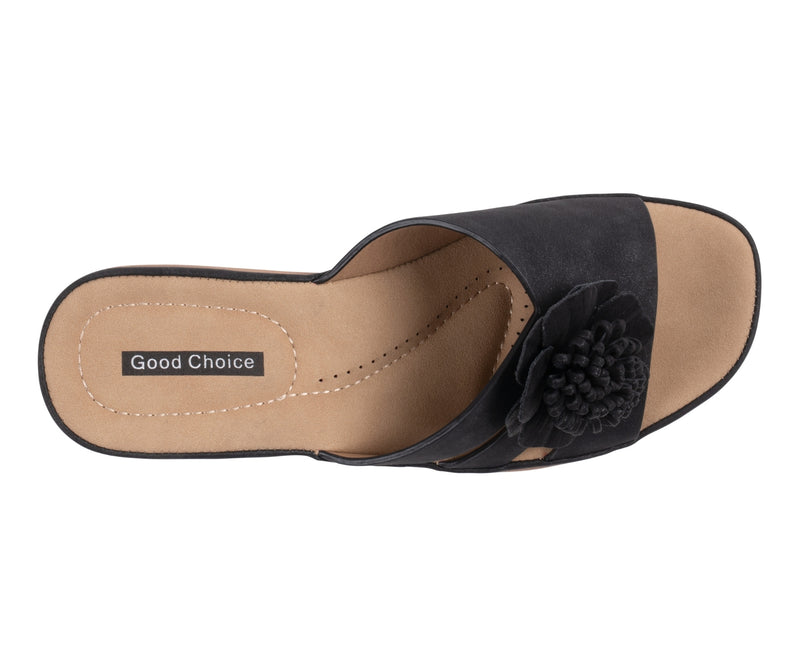 GC Shoes Jenna Black Floral Wedge Slide Sandal