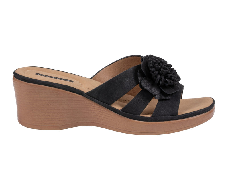 GC Shoes Jenna Black Floral Wedge Slide Sandal
