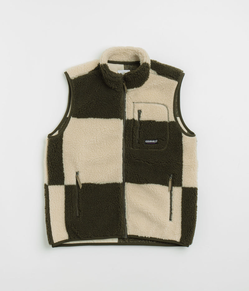 Gramicci Checkered Sherpa Vest in Natural and Olive Check