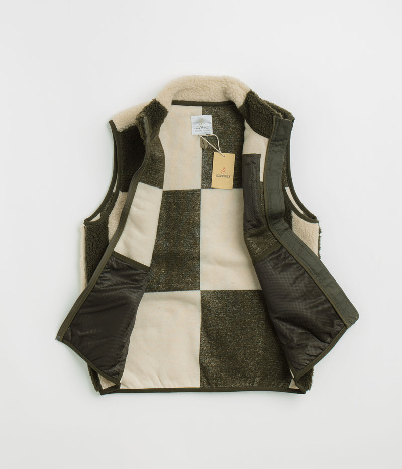 Gramicci Checkered Sherpa Vest in Natural and Olive Check