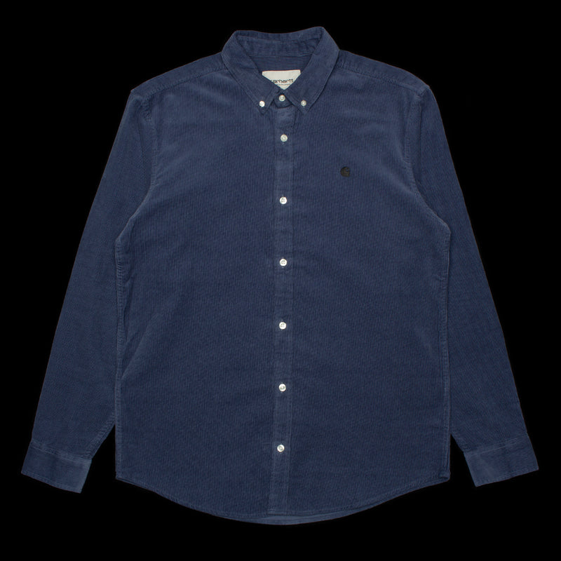 Carhartt WIP | Madison Fine Cord L/S Shirt Style # I030580-1ZV Color : Hudson Blue / Black