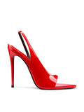 Rouge patent Riviere Slingback by FEMME LA, side view showing ultra-deep V-cut vamp, open pointed toe, and ultra-slim black stiletto heel