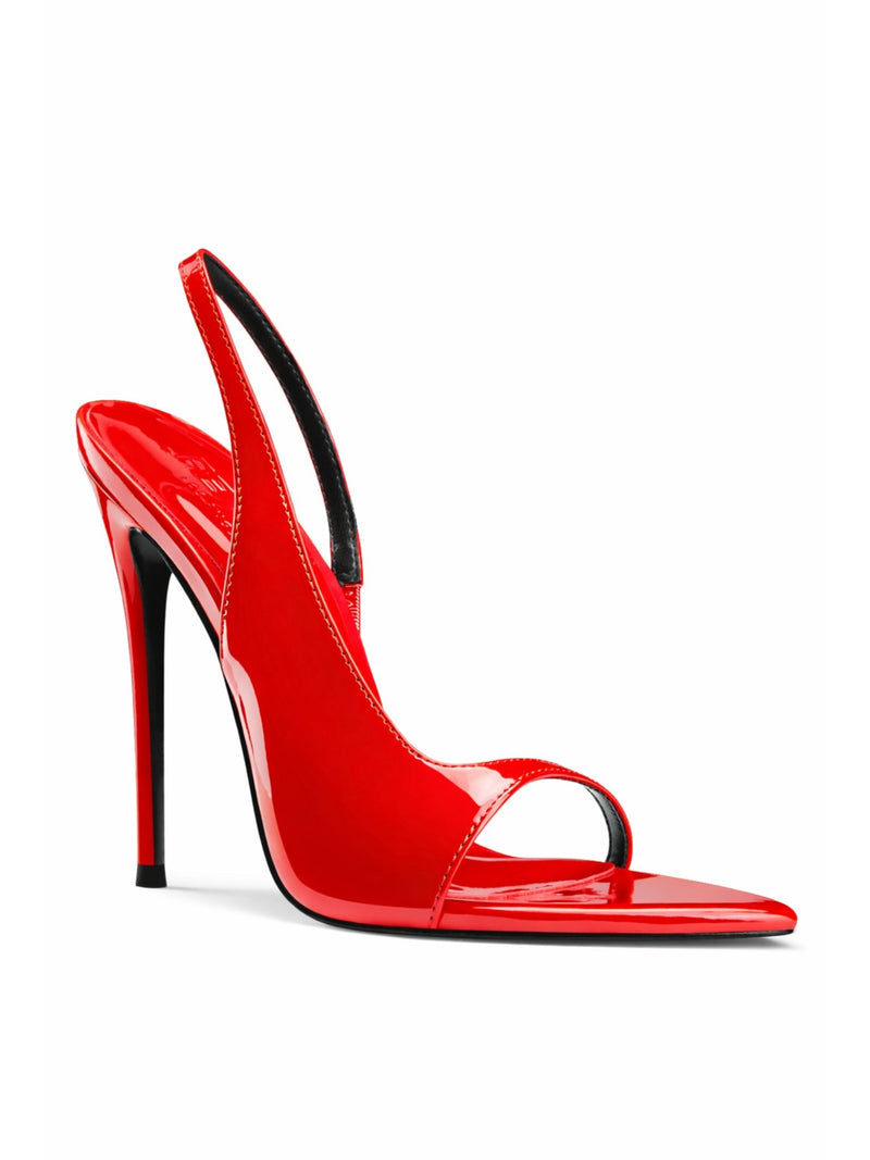 FEMME LA Riviere Slingback in rouge patent, 3/4 back angle showing deep V-cut vamp, FEMME-embossed insole, and thin slingback strap