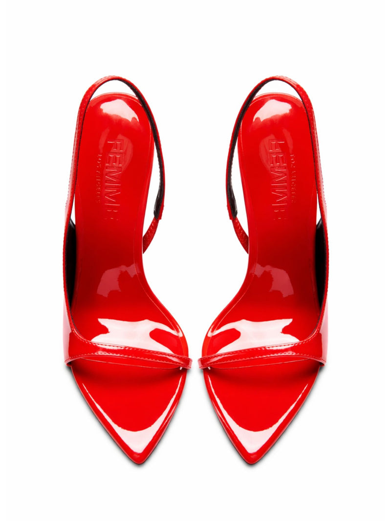 FEMME LA rouge patent Riviere Slingback pair, overhead flat lay showing FEMME embossed red insoles, slingback straps, and pointed toes