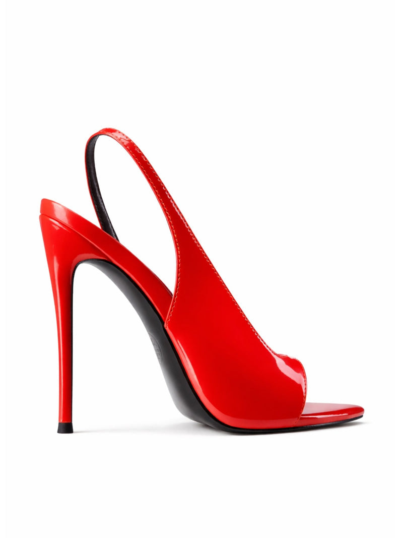 FEMME LA Riviere Slingback in rouge patent, right side profile showing dramatic deep V-cut vamp and ultra-slim black stiletto