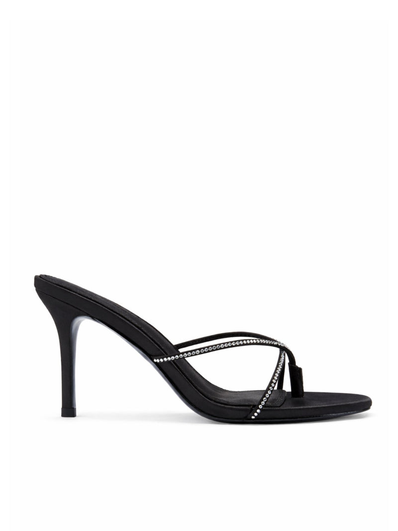 Femme LA Sicilian Slipper in Noir Crystal – side profile showing black satin body with clear crystal-embellished crossed straps on slim stiletto heel