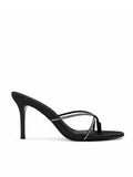Femme LA Sicilian Slipper in Noir Crystal – side profile showing black satin body with clear crystal-embellished crossed straps on slim stiletto heel