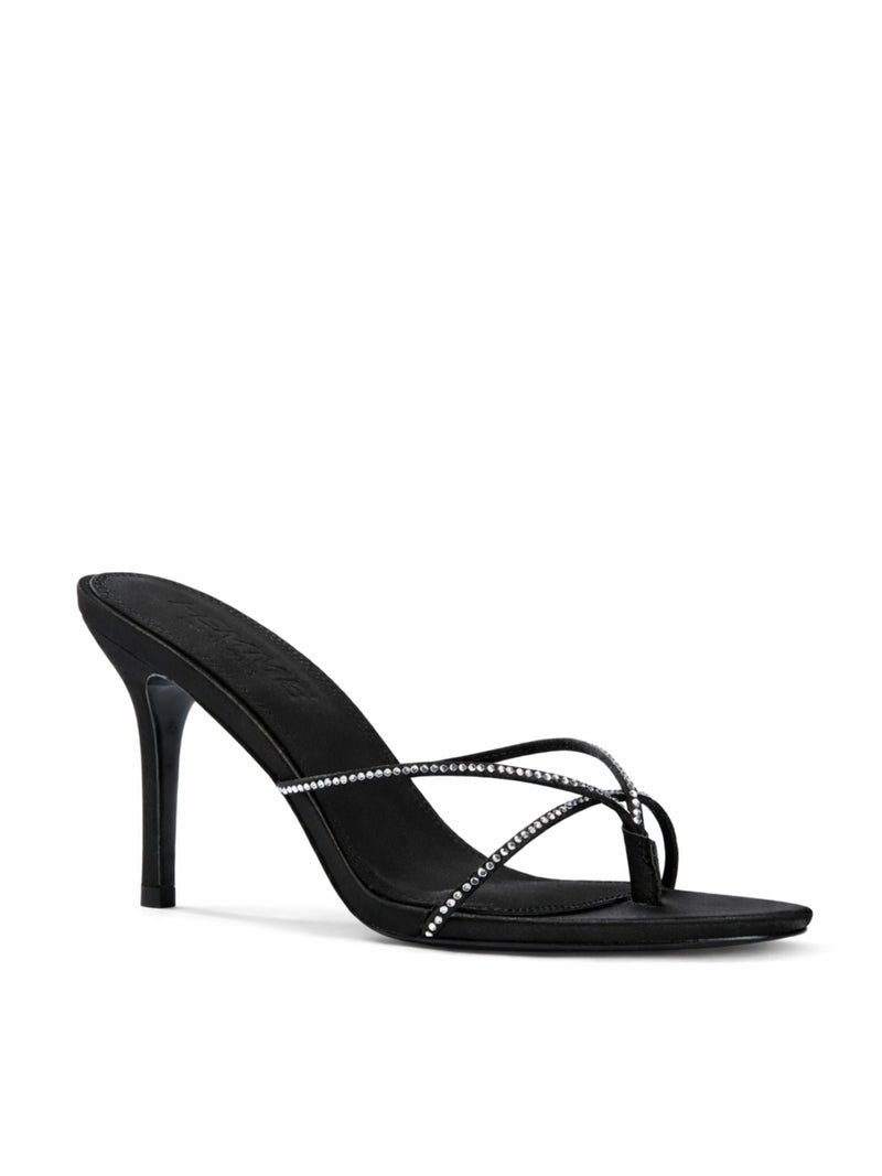 Femme LA Sicilian Slipper in Noir Crystal – front three-quarter view showing clear rhinestone crossed straps and black satin insole