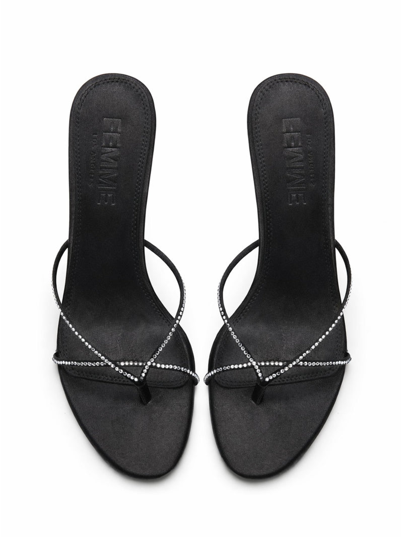 Femme LA Sicilian Slipper in Noir Crystal – overhead flat lay of the pair showing FEMME LOS ANGELES embossed on black satin insoles