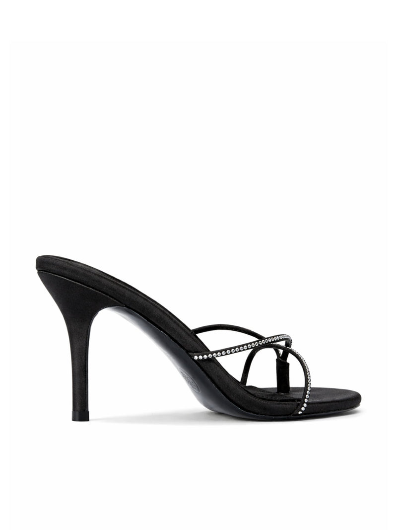 Femme LA Sicilian Slipper in Noir Crystal – side view showing black satin mule with clear crystal-embellished straps