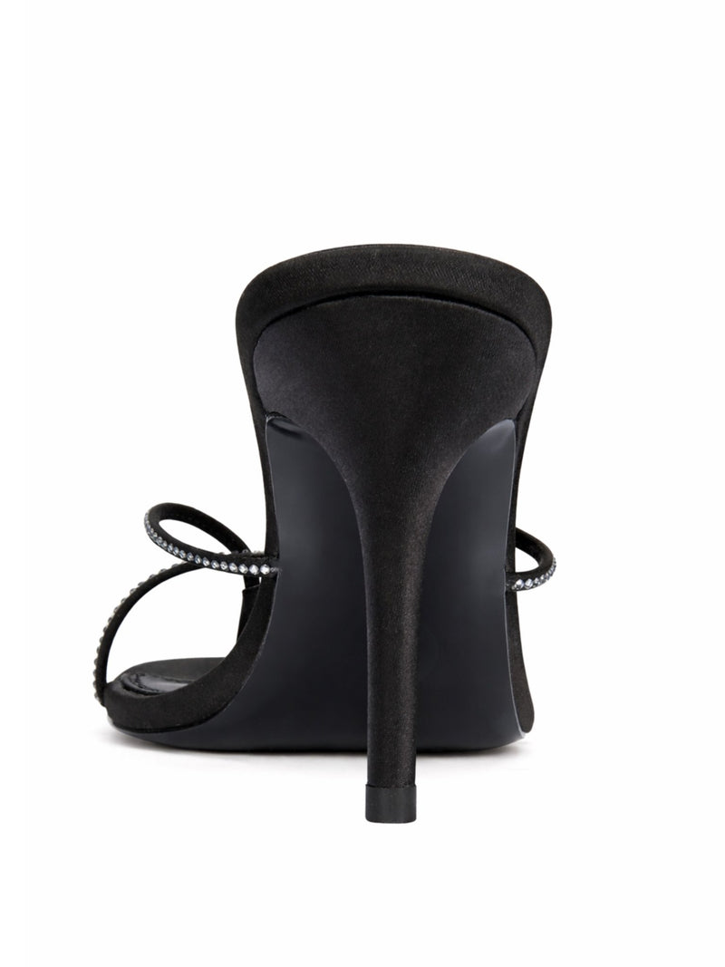 Femme LA Sicilian Slipper in Noir Crystal – rear view showing black satin stiletto heel and black outsole