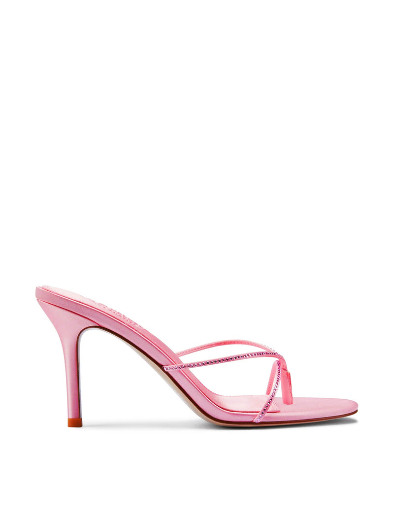 Femme LA Sicilian Slipper in Pink Crystal – side profile showing baby pink satin body with pink crystal-embellished crossed straps on slim stiletto heel