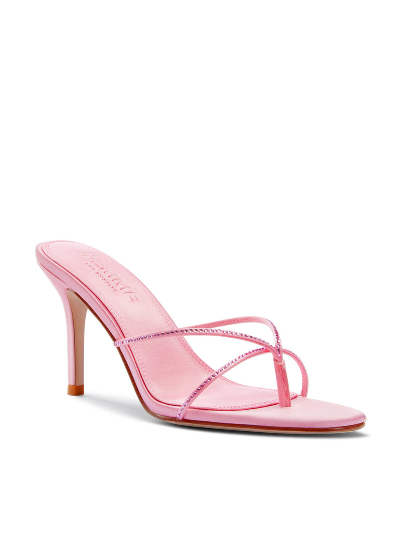 Femme LA Sicilian Slipper in Pink Crystal – front three-quarter view showing baby pink satin mule with pink crystal crossed straps and pink insole