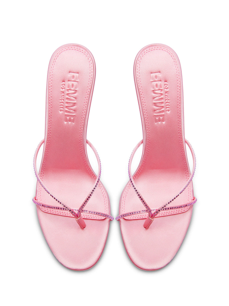 Femme LA Sicilian Slipper in Pink Crystal – overhead view of the pair showing FEMME LOS ANGELES embossed on pink satin insoles