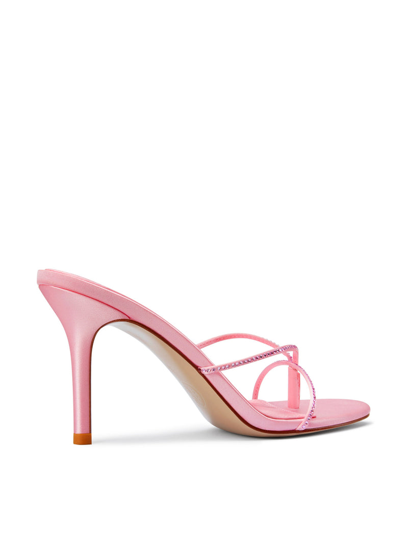 Femme LA Sicilian Slipper in Pink Crystal – side view showing baby pink satin mule with pink crystal-embellished straps