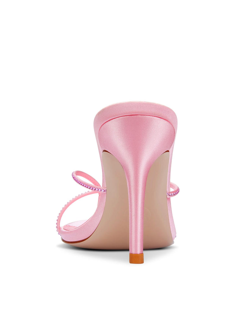 Femme LA Sicilian Slipper in Pink Crystal – rear view showing baby pink satin stiletto heel with pink crystal straps and nude outsole