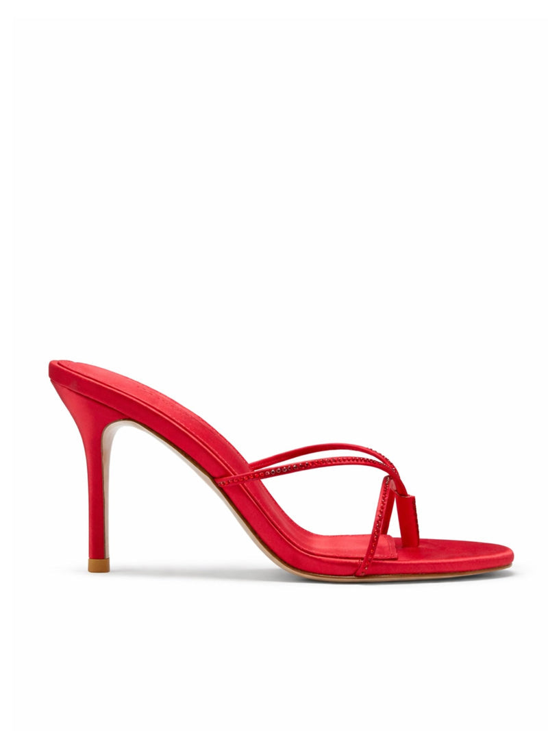 Femme LA Sicilian Slipper in Rouge Crystal – front three-quarter view showing rouge satin body with rouge-toned crystal-embellished crossed straps