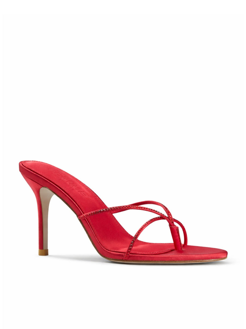 Femme LA Sicilian Slipper in Rouge Crystal – side profile showing rouge satin body with rouge crystal straps and nude outsole