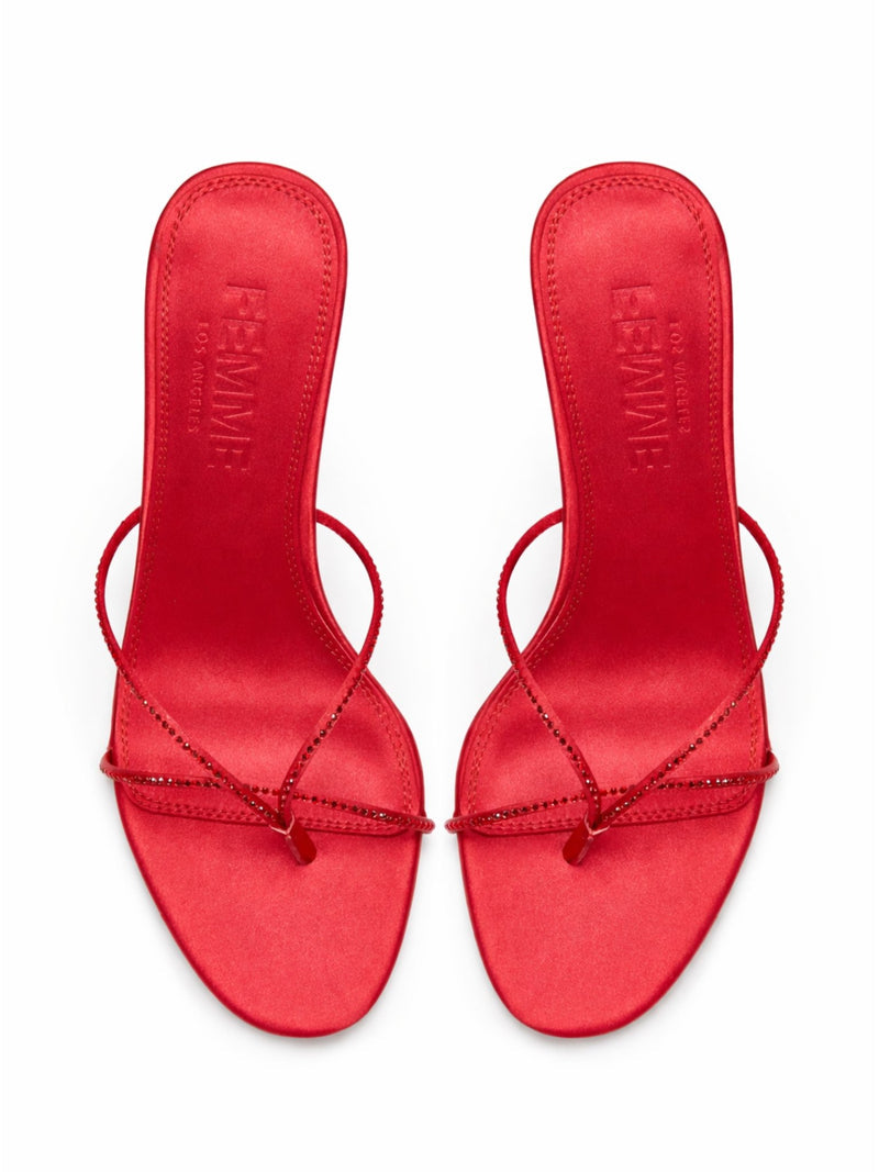 Femme LA Sicilian Slipper in Rouge Crystal – overhead view of the pair showing FEMME LOS ANGELES embossed on rouge satin insoles